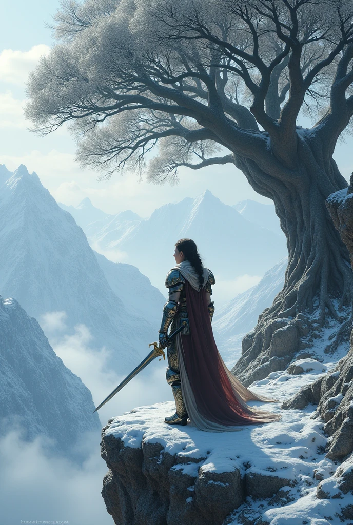 Hyper realistic, Ultra detail and Best Quality photo, warrior girl, 2, full armor, holding a sword, looking form the distance in a cliff, giant tree with 10,000 meters tall, the roots is blend with snowy mountains.