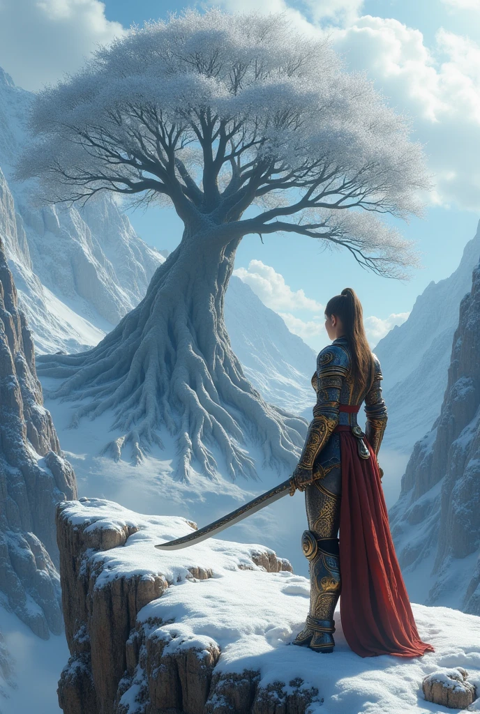 Hyper realistic, Ultra detail and Best Quality photo, warrior girl, 2, full armor, holding a sword, looking form the distance in a cliff, giant tree with 10,000 meters tall, the roots is blend with snowy mountains.
