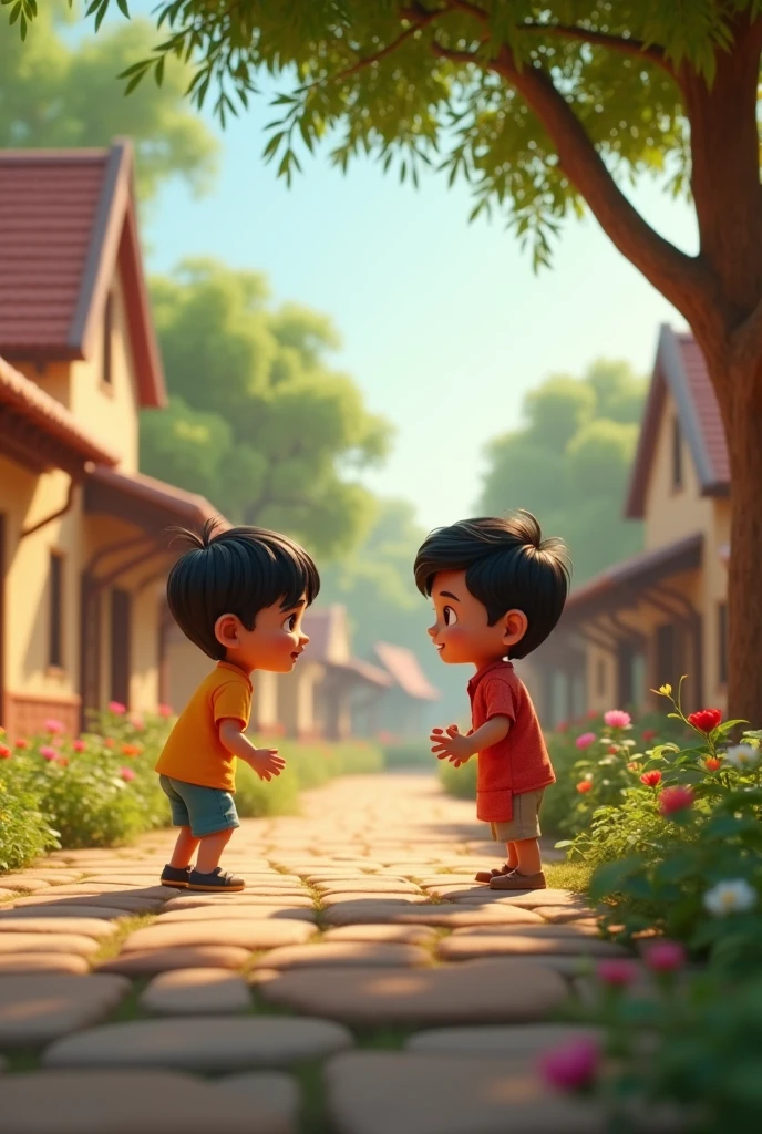 Show in cinematic 3d style "**Introduction of the Friends:** Show a peaceful village setting with two contrasting scenes. Arjun is seen playing with other children, full of energy, while Rohan is sitting under a tree, quietly drawing or reading. The camera pans between them, highlighting their different personalities but also their warm smiles as they see each other."