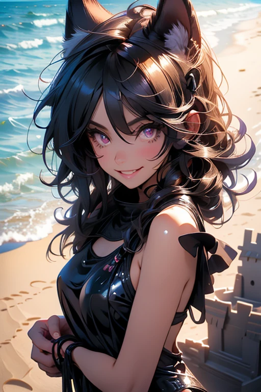 Perfect face. Perfect hands. A black haired woman with violet eyes and black fox ears and a black fox tail in a cute one-piece swimsuit is smiling while building a sand castle at the beach