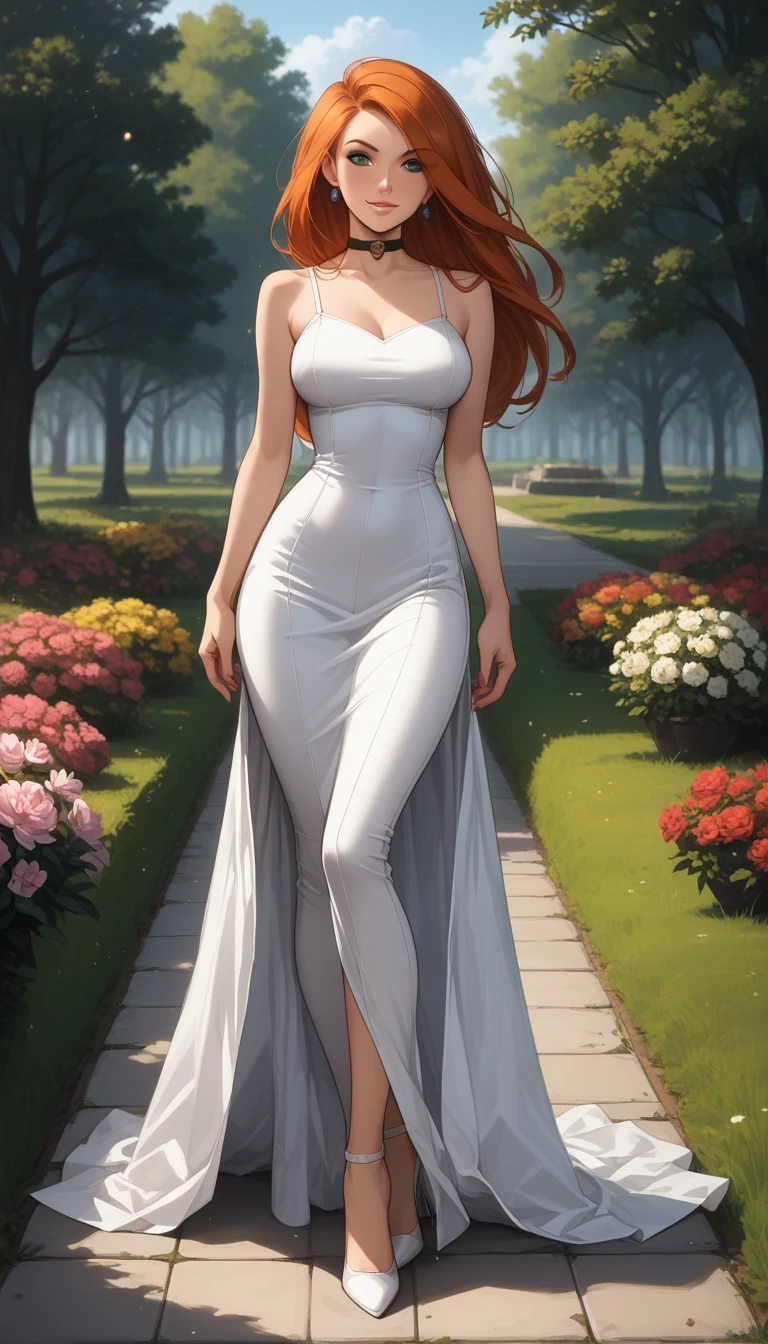 score_9, score_8_up, score_7_up, score_6_up, rating_safe, source_cartoon, BREAK beautiful Kim Possible (orange-red hair:1.1), sexy smirk, BREAK sleeveless catsuit, high heels, choker, BREAK walking in park beside pond, daytime, sunny, beautiful trees and flowers, BREAK shallow depth of field, BREAK highly detailed, bokeh, moody, epic, gorgeous, grainy, BREAK (ultra-detailed), (best illustration), (best shadow), (absurdres), (detailed background), (very aesthetic).