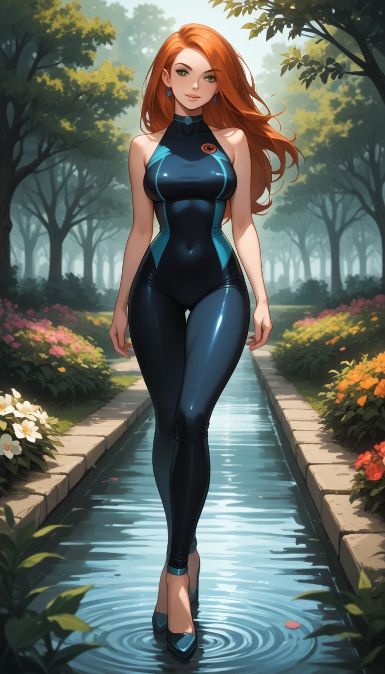 score_9, score_8_up, score_7_up, score_6_up, rating_safe, source_cartoon, BREAK beautiful Kim Possible (orange-red hair:1.1), sexy smirk, BREAK sleeveless catsuit, high heels, choker, BREAK walking in park beside pond, daytime, sunny, beautiful trees and flowers, BREAK shallow depth of field, BREAK highly detailed, bokeh, moody, epic, gorgeous, grainy, BREAK (ultra-detailed), (best illustration), (best shadow), (absurdres), (detailed background), (very aesthetic).