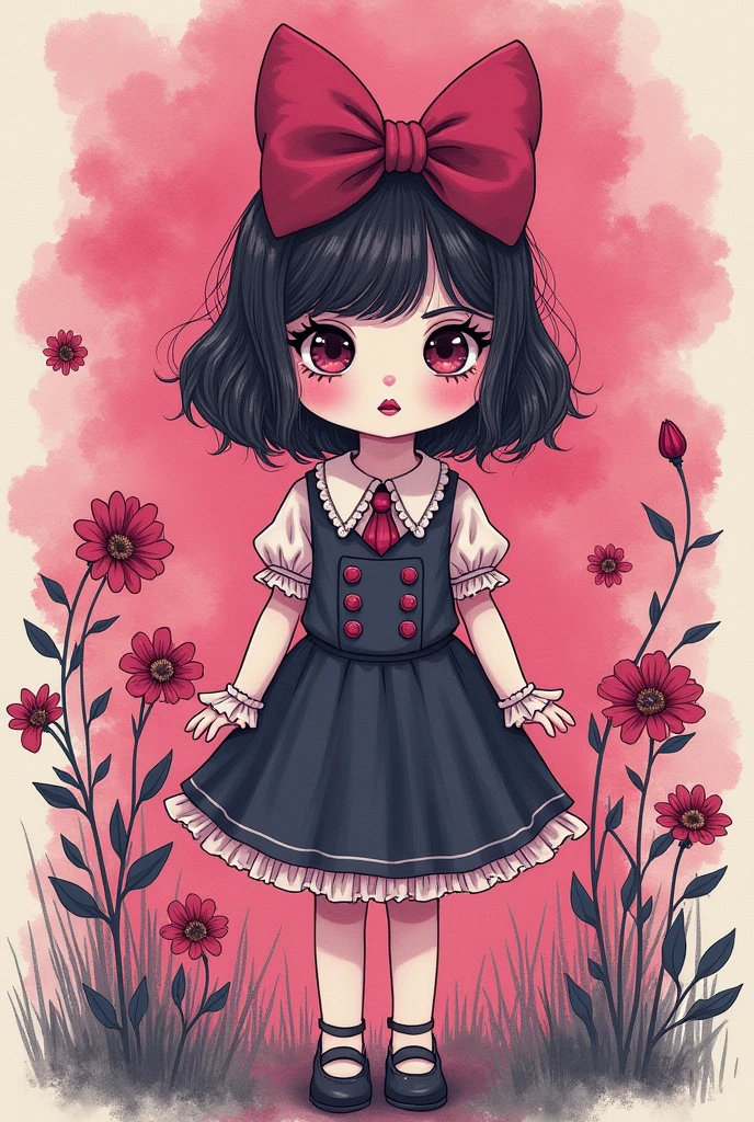 Wonderful fantasy image illustration. It is a homage to the work of Japanese manga artists, Toko Miyagi. Early works, Gothic and steampunk. retro, cute and pop. Light, magenta watercolor painting. With careful line drawing, careful depiction, and careful painting.