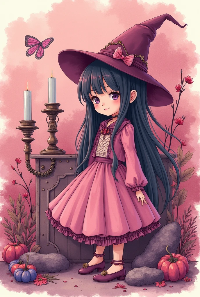 Wonderful fantasy image illustration. It is a homage to the work of Japanese manga artists, Toko Miyagi. Early works, Gothic and steampunk. retro, cute and pop. Light, magenta watercolor painting. With careful line drawing, careful depiction, and careful painting.