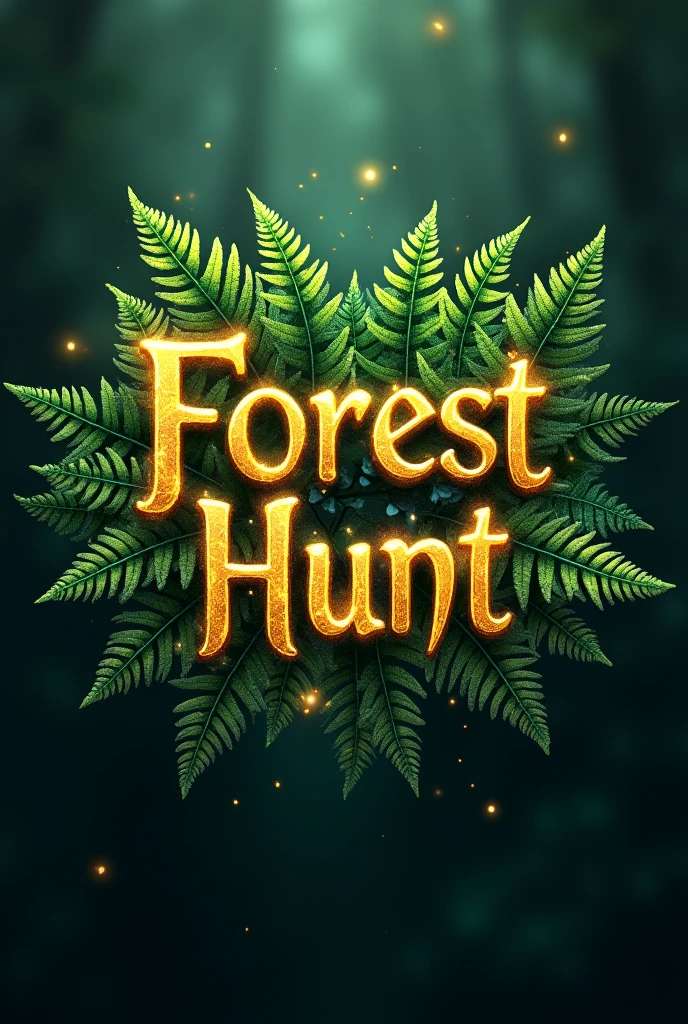 Create logo with the word Forest Hunt in a mystic & fantasy style with glitter flying around. Font should be elegant sharp golden and beautiful with enchanted vibe with ferns sprouting from behind the text
