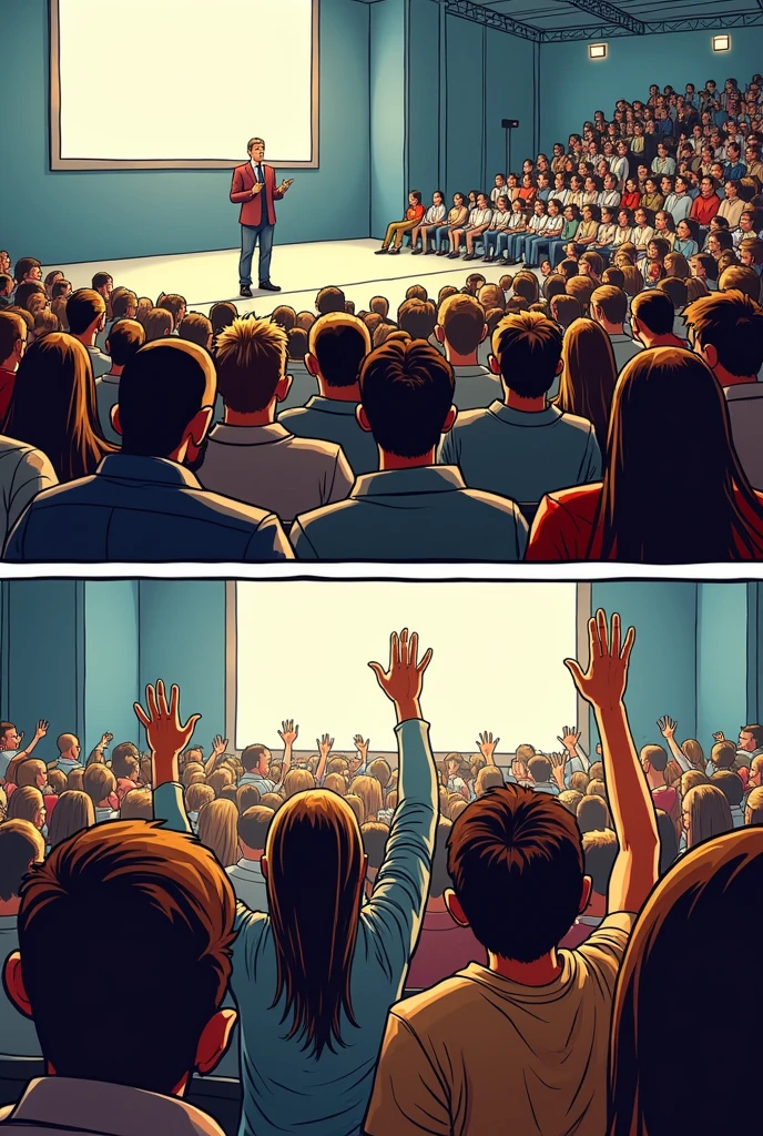 create a comic book divided into 2 parts, where there is a speaker and an audience with all the people with their hands up, right after the announcer asks a question and only one person raises their hand.