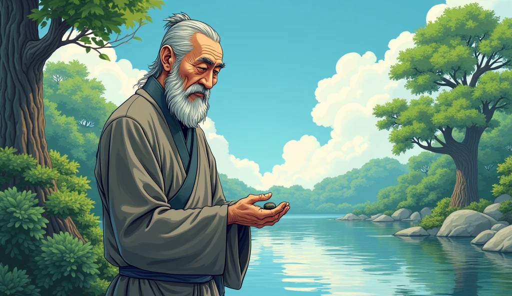 "A close-up of Master Koji, an elderly man with a wise and gentle expression, standing by the edge of a serene pond. The pond is perfectly still, reflecting the surrounding trees and the clear blue sky above. Master Koji holds a small stone in his hand, which he is about to toss into the water. The scene is calm and peaceful, with soft, natural light highlighting the master's calm and focused demeanor." In comic style 