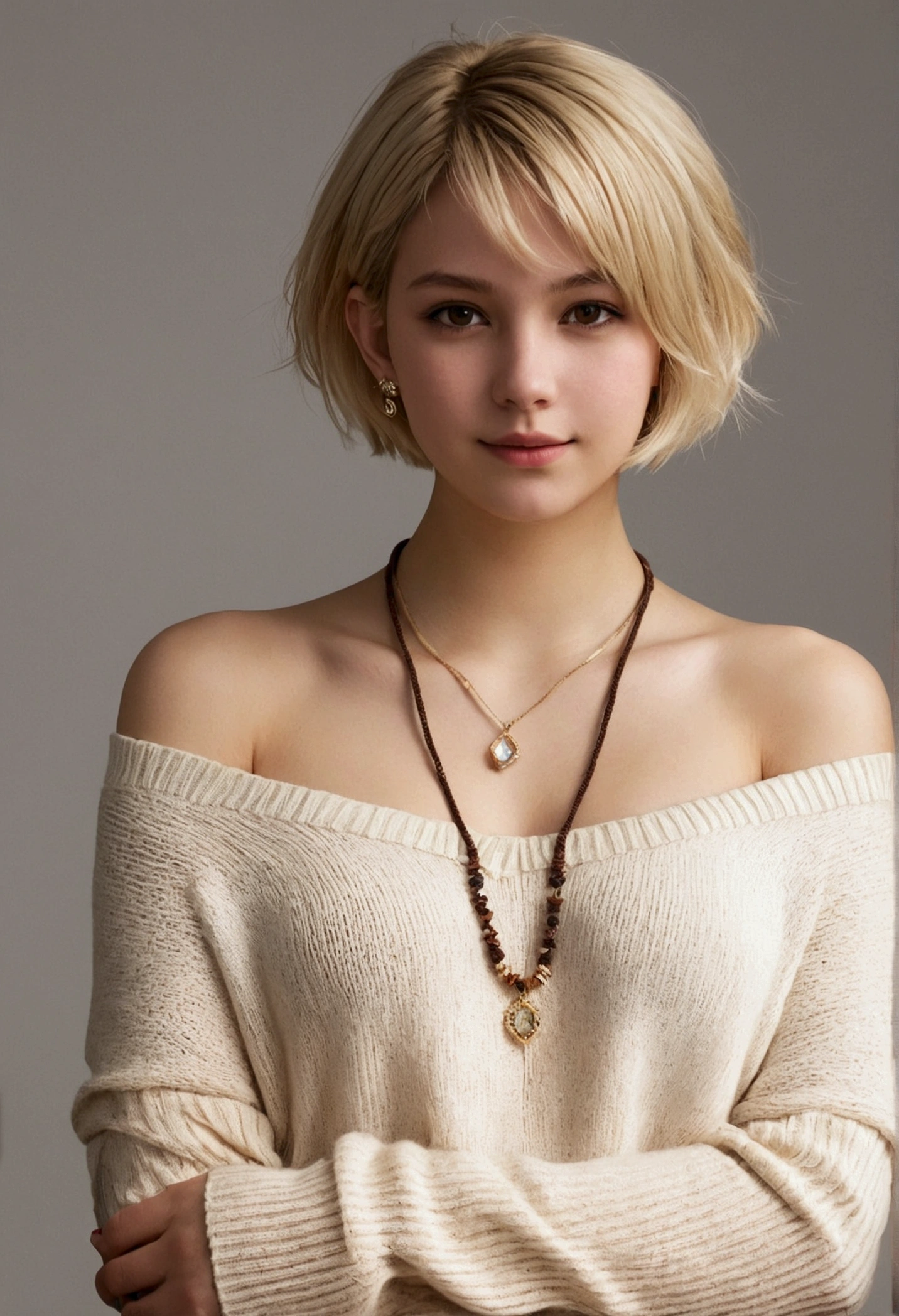 1girl in, age19, Solo, short hair, Colossal , Looking at Viewer, blondehair, Bare shoulders, Brown eyes, jewely, Full body, a necklace, off shoulders, Sweaters, Realistic, A sexy