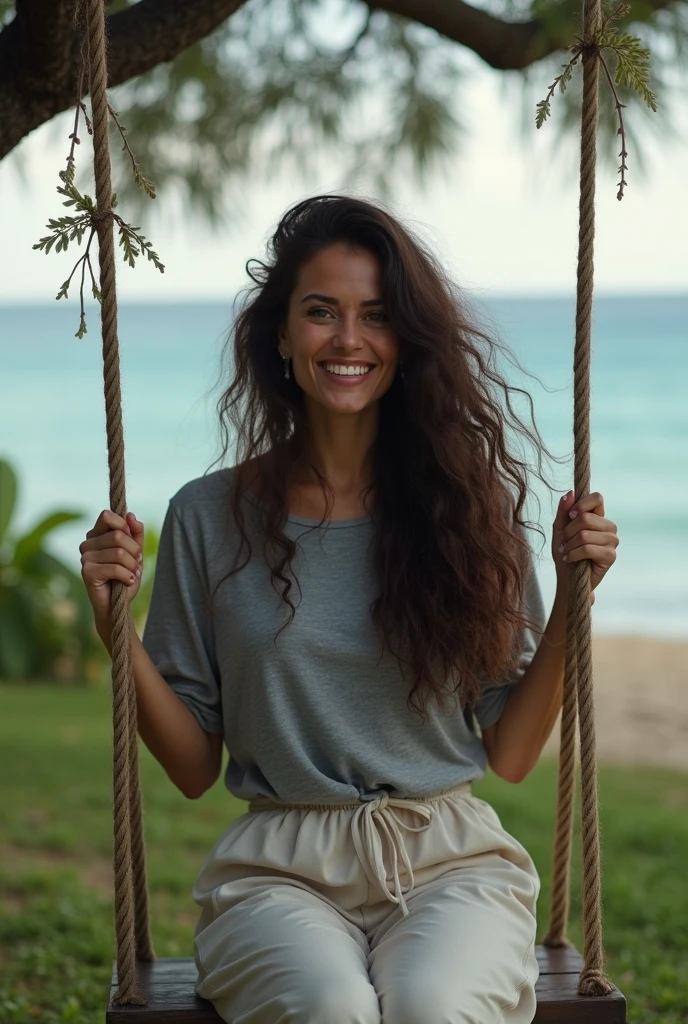 A very beautiful woman , Wear an oversized gray T-shirt. , Big trousers , Brown hair tends to black. , long hair , Beautiful curly hairstyle , Sitting on a swing tied to a tree , In the backyard , There is a sea , She turned to me with a happy smile. , She is the woman of my dreams. , We can&#39;t see her face.  , She is the one who makes us happy in our dreams.