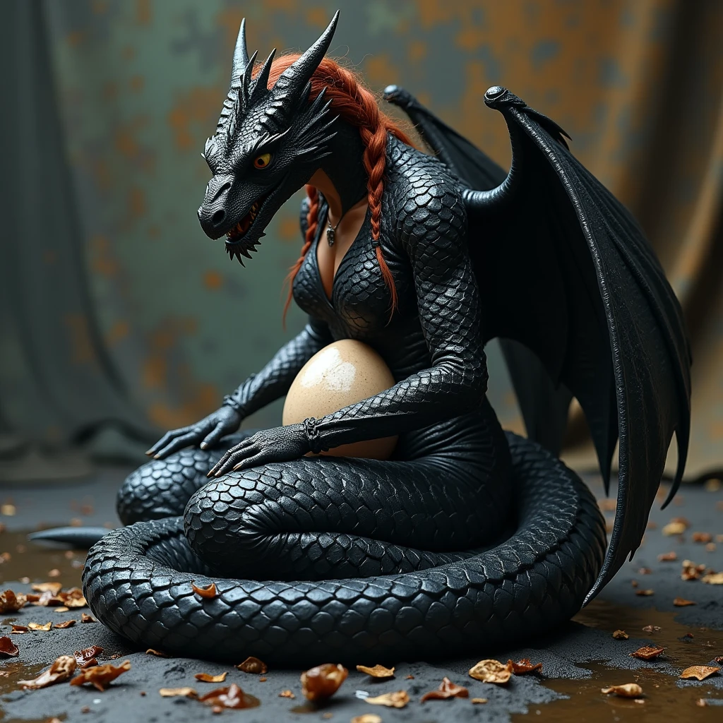 wet black dragon scales, powerful dragon, panting with exertion, cyberblack tongue, crossed eyes, laying a dragon egg, wet dragon egg covered in fluid, egg emerging from between her legs birthing fluid, halfway laid egg, birthing a wet dragon egg, giving birth to a dragon, kiper turning into a dragon, acanthus, adansonia, ponderosa, segolily nose, lupine, irish genes, dark hazel eyes, scottish nose, high forehead, beady hazel eyes, ginger, sexual hunger, skinny female magician, rough skin, copper hair, cyberposh, deep eye pits, pale-pink skin, slender body, fine detail, dragon ears, braids, slingback thigh high boots, loafers, accordion high-low handkerchief skirt, leggings, halterneck wrap top, wet slimy egg between her legs, slimy egg being laid by a dragon