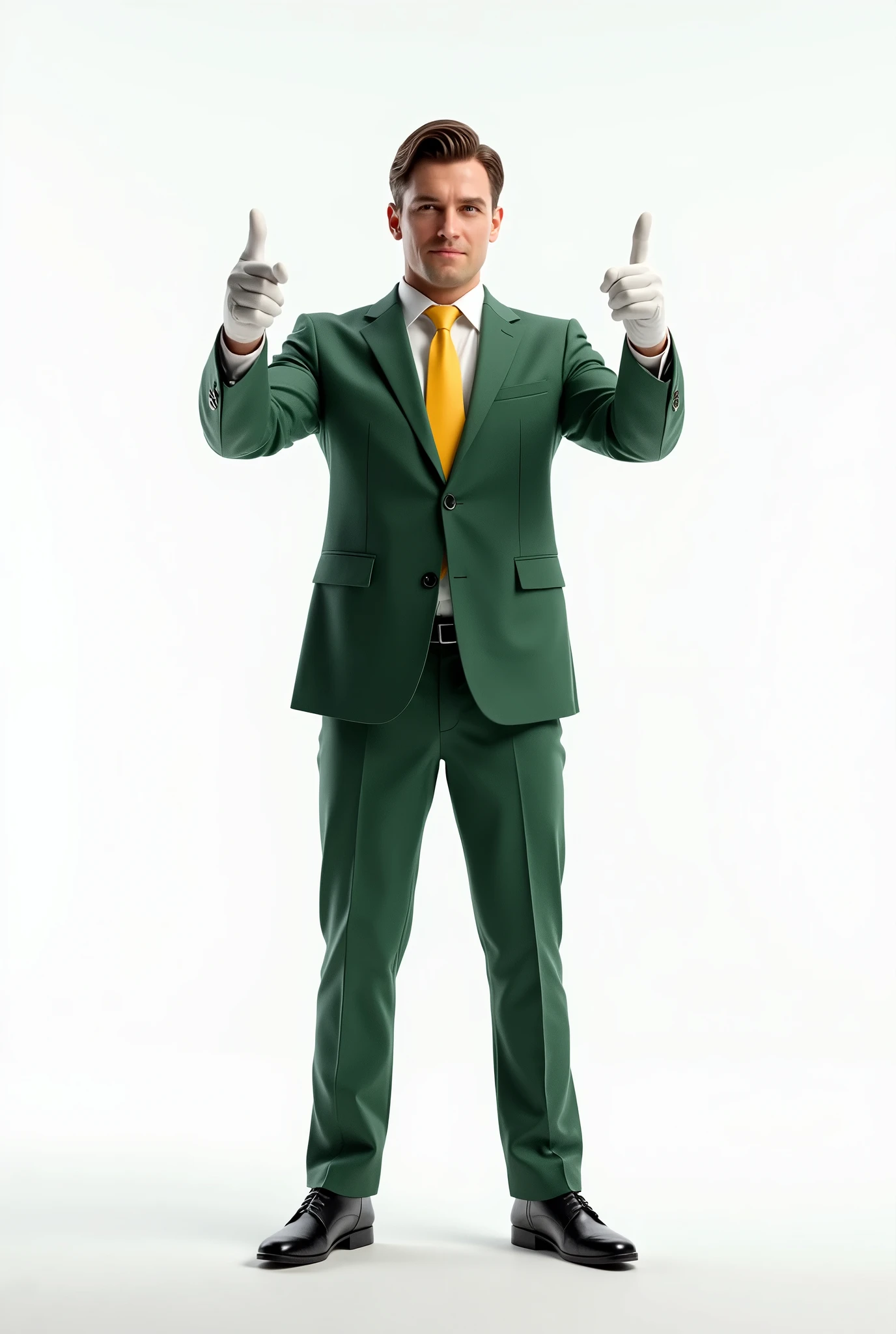 A white man with side-swept hair showing his entire body, wearing a green formal suit and black formal shoes, with a white, well-lit background and no shadows, wearing a green suit, yellow tie and blue undershirt, with white gloves, as if you were looking at a camera and pointing with both hands using your index finger while facing the camera.