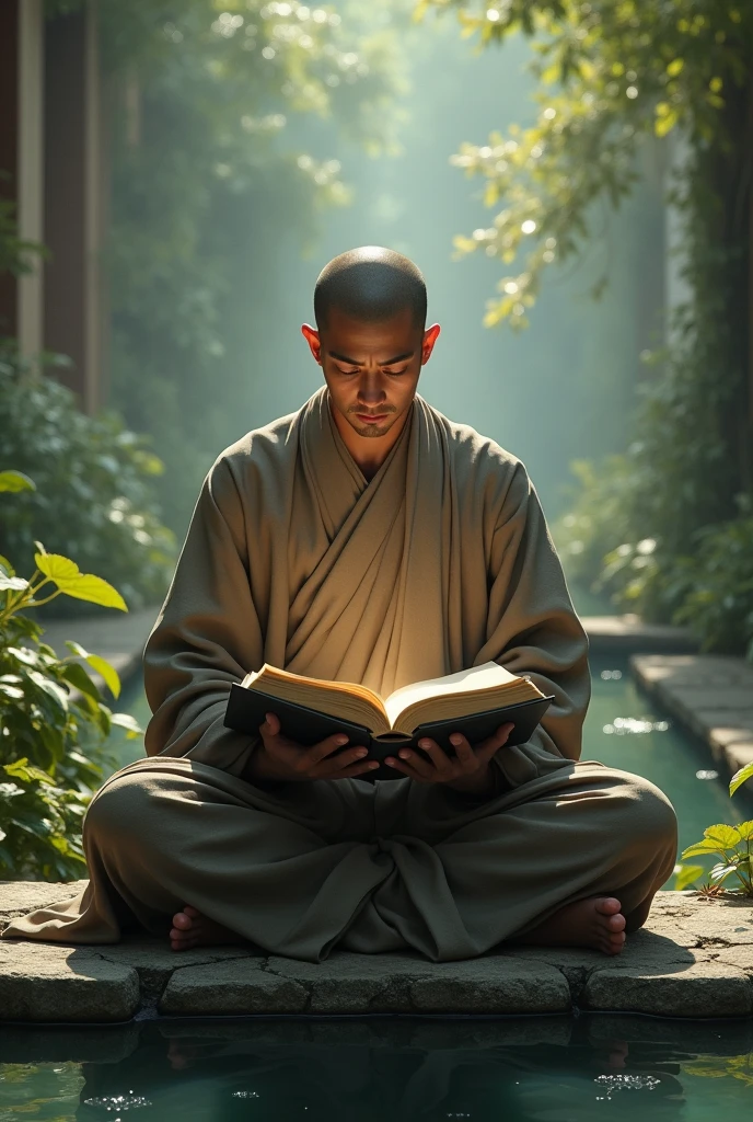 A calm background where a monk is reading book