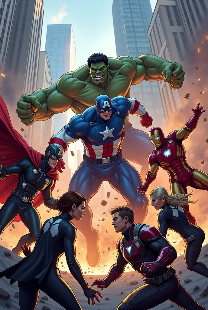 12 avengers fighting together. Implement Kraft Heinz logo there