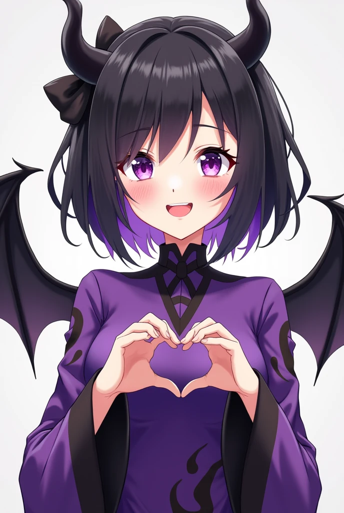 Anime style animated character is a woman with short black hair on top and purple hair below, She has black horns and a big bow in her black hair., Her face is pretty and with purple eyes, Her skin is white, She is wearing a purple top with black flames of fire, has black bat wings, She is smiling and making a Korean heart with her left hand..