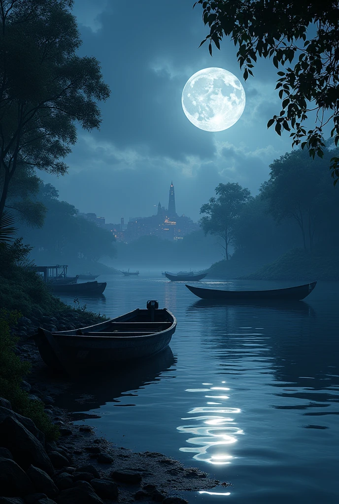 front of the city of Amazonas on a full moon night with several boats on the riverbank and forest 