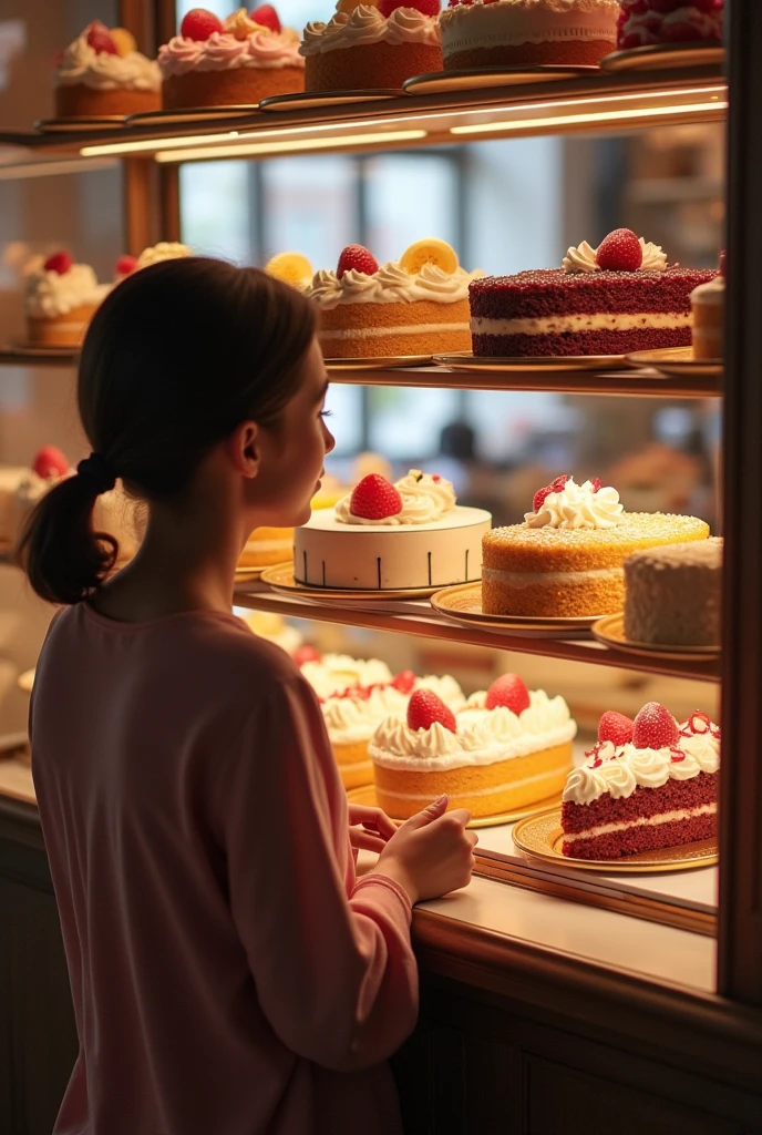 Looking at the delicious cakes at the cake shop