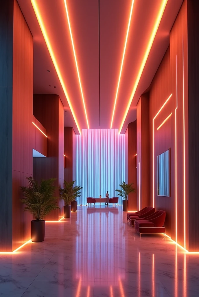 (Extremely detailed CG unity 8k wallpaper),(masterpiece), (best quality), (Extremely detailed), (RGB strip light),Lobby ceiling atmosphere linear lighting