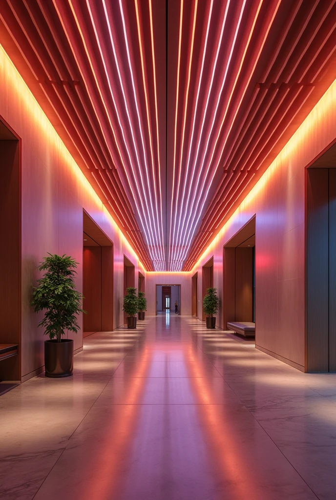 (Extremely detailed CG unity 8k wallpaper),(masterpiece), (best quality), (Extremely detailed), (RGB strip light),Lobby ceiling atmosphere linear lighting