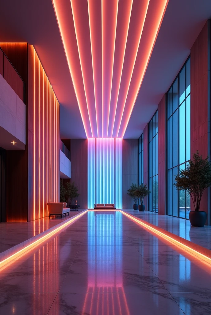 (Extremely detailed CG unity 8k wallpaper),(masterpiece), (best quality), (Extremely detailed), (RGB strip light),Lobby ceiling atmosphere linear lighting