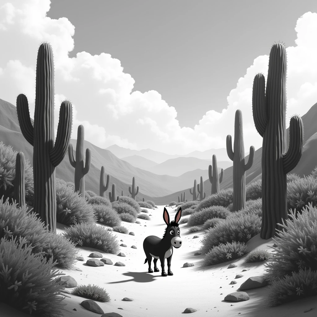 black and white animation background of the Brazilian northeastern hinterland with typical semi-arid vegetation with cacti, sun, heat, with a cartoon animal like a donkey, donkey, donkey, donkey in the dreamworks style, the sherek drawing donkey., small, Classicism, Gamine, top-down, Motion graphics, Grainy, sprite sheet, pastel colors, Happycore, film noir lighting, Ultra-realistic, highly detailed, natural lighting, ocean environment, Unity engine, 8k, Hypnotic, Androgynous, concept design, wide-angle, Houdini rendering, High contrast, Sticker, bold colors, Abstraction, ultraviolet lighting, Hyperrealistic intricate detail, finely detailed, car interior design, Octane render, 8k