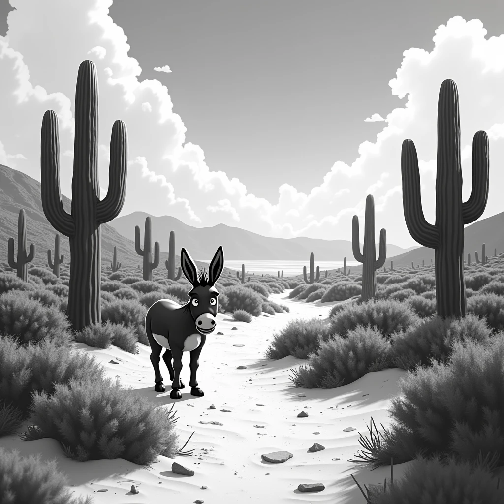 black and white animation background of the Brazilian northeastern hinterland with typical semi-arid vegetation with cacti, sun, heat, with a cartoon animal like a donkey, donkey, donkey, donkey in the dreamworks style, the sherek drawing donkey., small, Classicism, Gamine, top-down, Motion graphics, Grainy, sprite sheet, pastel colors, Happycore, film noir lighting, Ultra-realistic, highly detailed, natural lighting, ocean environment, Unity engine, 8k, Hypnotic, Androgynous, concept design, wide-angle, Houdini rendering, High contrast, Sticker, bold colors, Abstraction, ultraviolet lighting, Hyperrealistic intricate detail, finely detailed, car interior design, Octane render, 8k