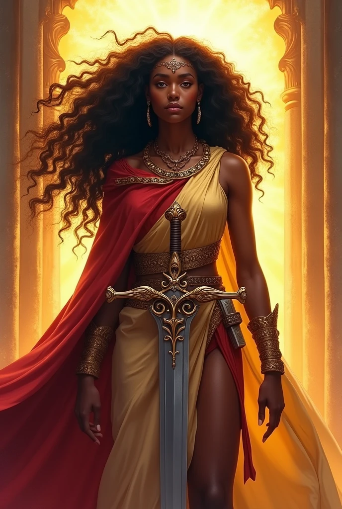 une jeune femme noire vêtue comme une guerrière; avec les cheveux crépus longs; Elle représente l'Eglise ,l'épouse de Christ. Elle brandit une épée .
Les couleurs sont vives et chatoyantes .
