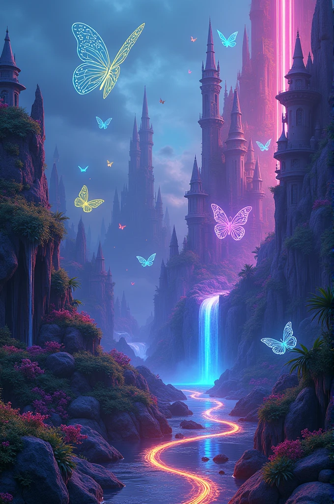 Make a magical kingdom background with neon butterflies