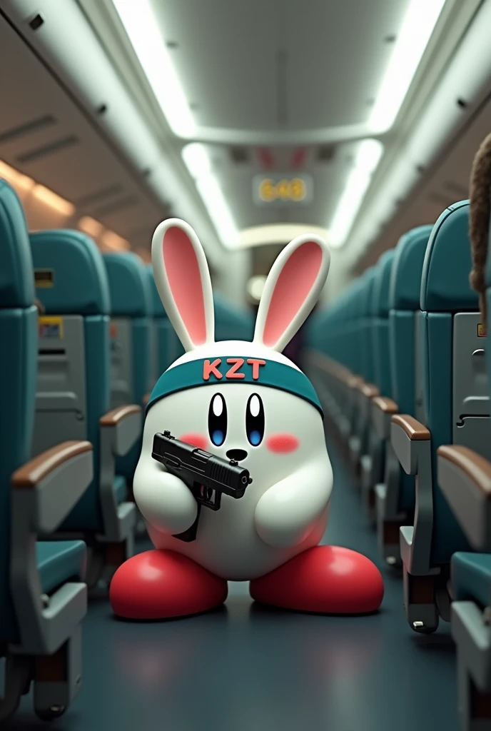 There is a white Kirby with rabbit ears on an airplane, wearing a headband and holding a gun. The headband has KZT written on it, and in the middle of the airplane is 648 written.