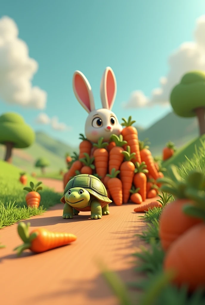 Need 3D animation style"Unexpected Consequences**: turtle enjoys speed but misses leisurely walks; rabbit is overwhelmed by too many carrots.