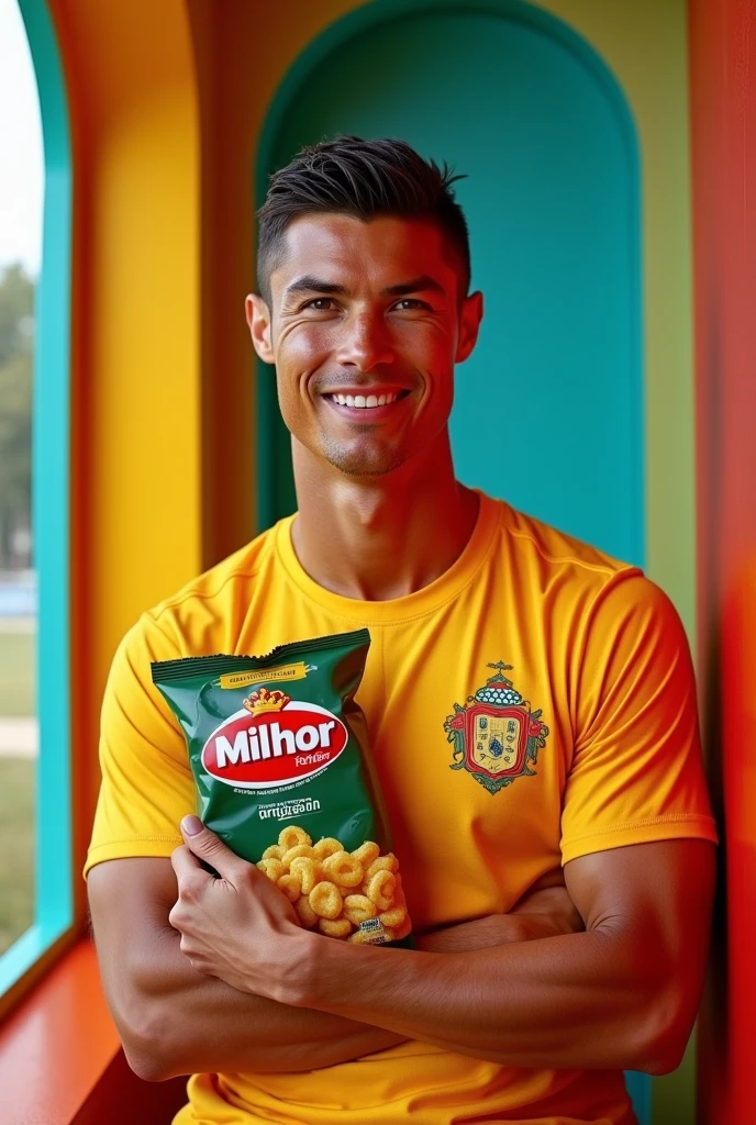 Cristiano Ronaldo with short hair is a poster boy for a brand of corn snacks, holding the branded product "milhor" 