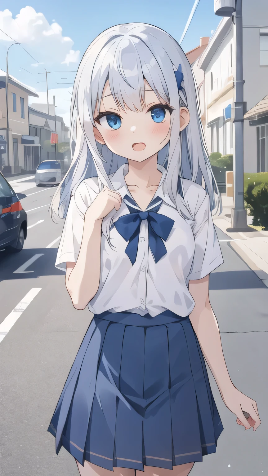 cute girl, アニメ, silver hair, straight hair, Blue eyes, outdoor, cowboy shot, (orgasm:1.1), (young:1.4), dark blue skirt, white camisole, small bust, school uniform, (sheer bra:0.8), (cute:1.1), blue hair ribbon