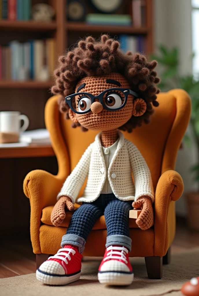 Create Disney style amigurumi doll psychologist style,BROWN HAIR, white crochet shirt, dark jeans, red al star tennis shoes, sitting in a comfortable chair in the office, with block in hand, with glasses.