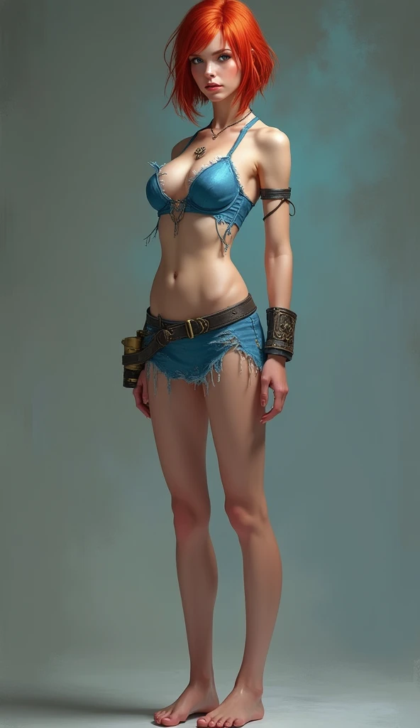 A (((full-body))), ((ultra-detailed)), ((masterpiece)) fantasy art illustration of a ((World of Warcraft)) character, in the style of the video game. She is a beautiful, young, female (((human))) with short red hair and blue eyes. She has exquisite caucasian features and ((very pale)) ((milky-white skin)). She has a ((very slim body)), with a tiny waist and skinny limbs, but her ((breasts are huge and round)), and look far too big for her slender little body. She is wearing only a ripped, skimpy blue top that reveals significant cleavage, and a torn, very short skirt that leaves her ((very thin thighs)) completely bare. She is standing with her back to the camera, in a provocative pose that shows off her ((skinny legs)) and ((bare feet)). Her (((whole body from head to toe))) is shown.