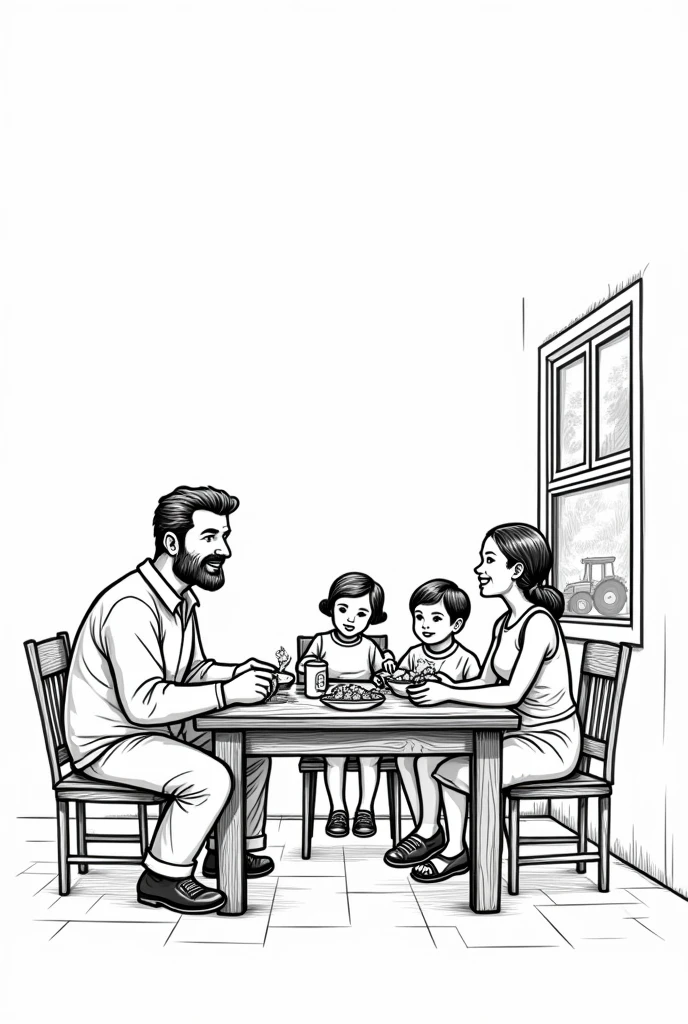 Bernado, the father, always had breakfast with his family before leaving to work on the plantations with his tractor. Simple stroke, black and white, white background for coloring. Coloring book