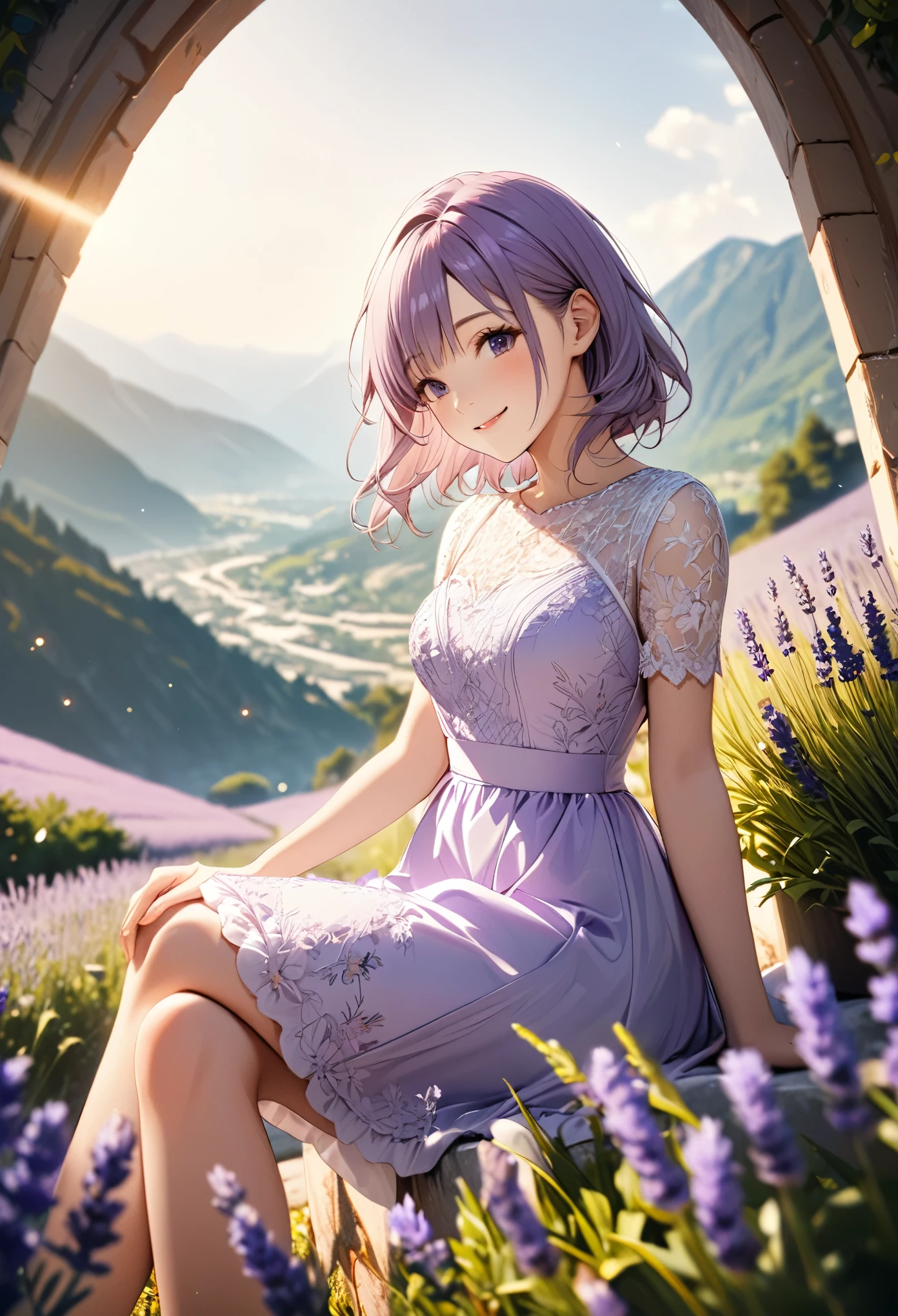 1girl,lavender,white short dress,lace dress,smile,flower garden,full body,sitting,mountains in the distance,light particles,(Depth of field,cinematic angle,cinematic lighting:1.2),blurry background,blurry foreground,(masterpiece:1.2),(best quality:1.2),(very aesthetic:1.2),(absurdres:1.2),(detailed background),newest,intricate details