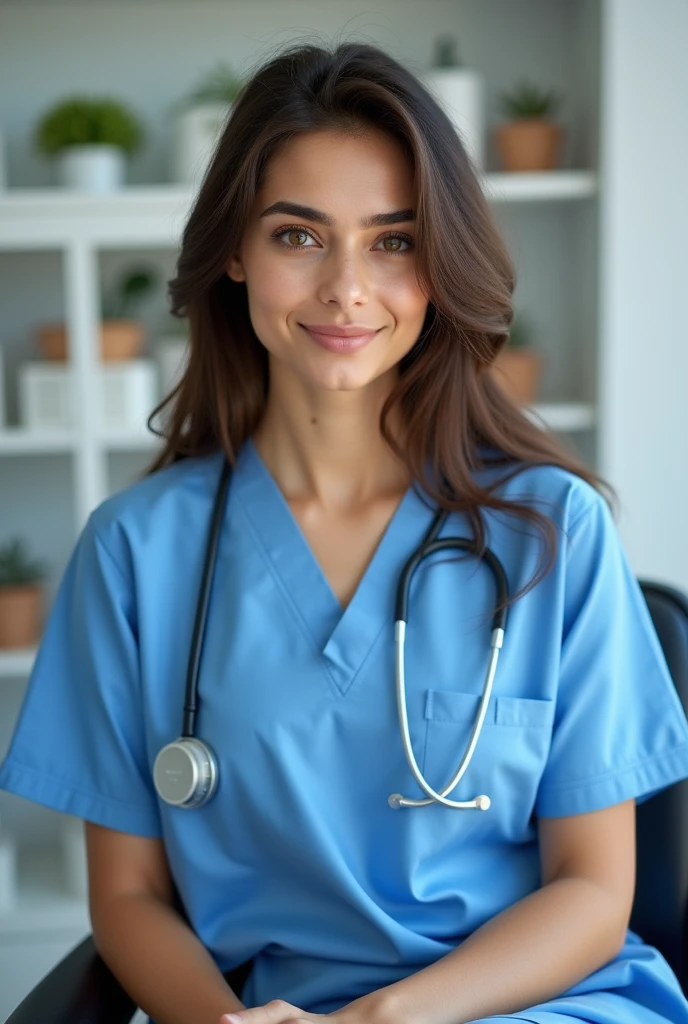 Beautiful pakistani female doctor, aesthetic clinic, blue scrubs, pakistani face, detailed face, photography, sitting on her chair, candid photography, young, bright and pale complexion, big boobs, aesthetically pleasing, modern clinic