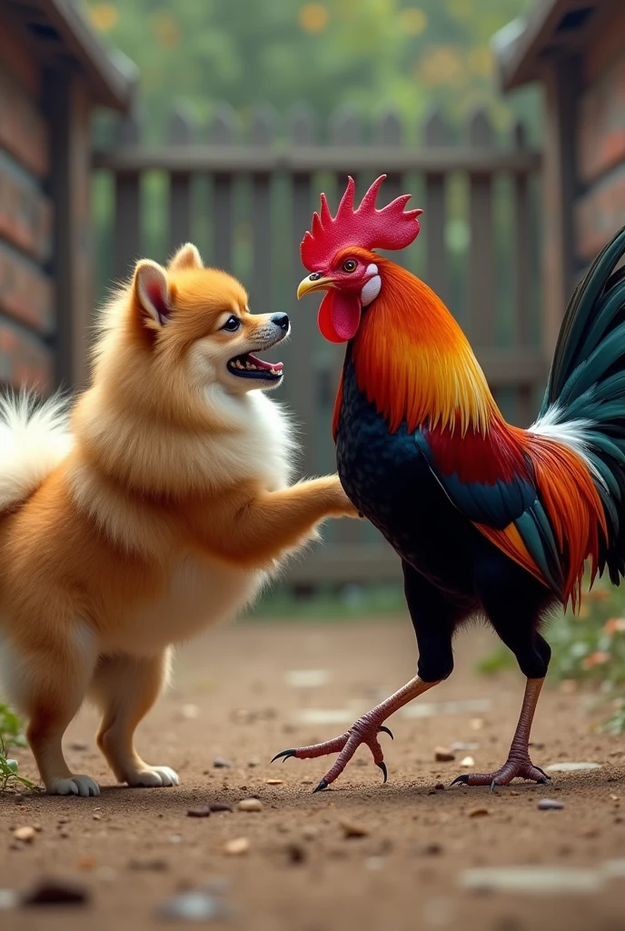 POMERANIAN DOG FIGHTING WITH A GARNIZÉ ROOSTER