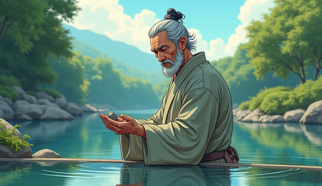 "A close-up of Master Koji, an elderly man with a wise and gentle expression, standing by the edge of a serene pond. The pond is perfectly still, reflecting the surrounding trees and the clear blue sky above. Master Koji holds a small stone in his hand, which he is about to toss into the water. The scene is calm and peaceful, with soft, natural light highlighting the master's calm and focused demeanor." In comic style