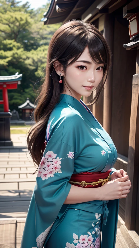 ((1girl, female, European woman, samus aran,pale skin, (brown hair, long hair), makeup, pierced ears, jewelry, green kimono, kimono:1.2)),(masterpiece), (((highest quality))), ((Super detailed)), (16K Highest quality wallpaper:1.4), (Upper Body:1.6), High resolution, Detailed skin texture, Detailed cloth texture, green kimono, Very detailed explanation, (Tmasterpiece), (Highly detailed face:1.2), (Very detailed beautiful eyes:1.2), original, RAW Photos, Professional, Intricate details, Super Detail, Direct sunlight:1.6, (Perfect Anatomy:1.4), (Extremely elaborate hands:1.2), (Highly detailed fingers:1.2), (Very dexterous fingers:1.2), (2), Genuine, (alone:1.6), (A traditional Japanese sacred shrine maiden:1.4)), (long flowing green kimono), (Beautiful and well-shaped medium breasts:1.2), (Beautiful and shapely butt), (Clear brown eyes that shine beautifully in every detail:1.6), (Very delicate and detailed brown eyes:1.2), (Highly detailed face:1.4), (smile:1.3), (blush:1.2), (facing viewer, looking forward,) break, (Japan shrine, Colorful and divine々Beautiful traditional shrine maiden costume:1.4), (Traditional Japanese clothing:1.2) break (Highly detailed and beautiful Ise Shrine in Mie Prefecture just after noon in spring in the background:1.6), Ise Shrine:1.2, Torii gate of Ise Shrine:1.2,  The precincts of Ise Shrine:1.2, Very beautiful against the clear sky after noon.:1.2, ((green kimono))