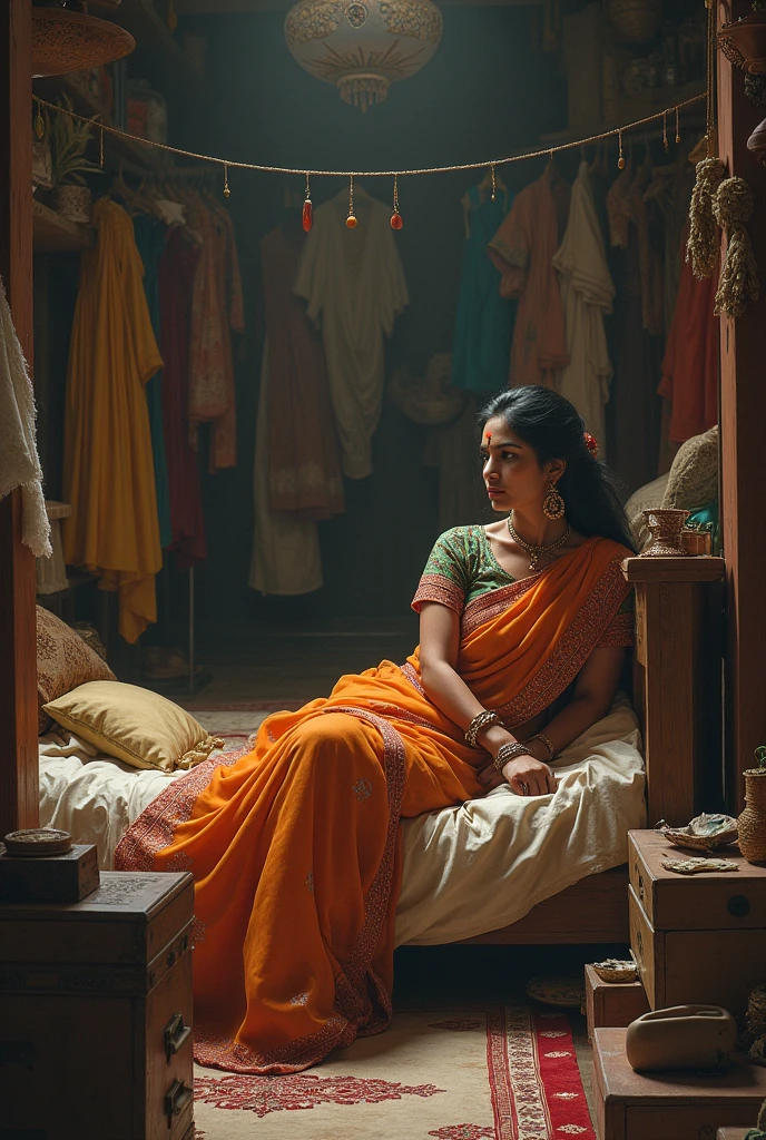 Inside a room, a sari-educated woman is lying alone on a bed.
Inside the room there were chests, cupboards, showcases and racks, many clothes were kept on the racks