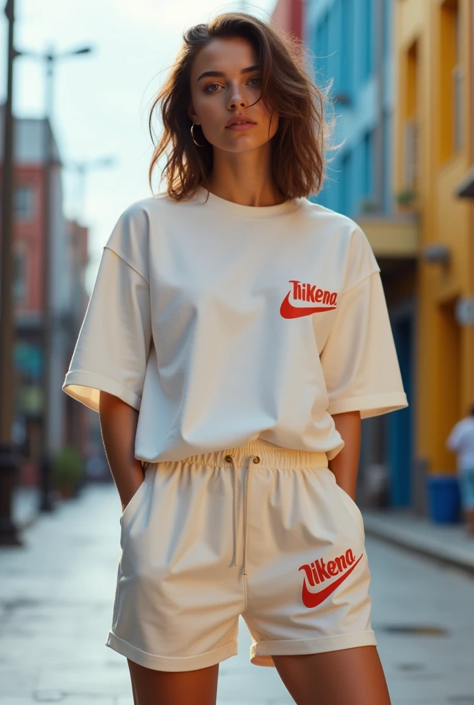 A woman wearing oversized t shirt and shorts with brand name is Qunoon with branding on left side of chest and in lest side of short