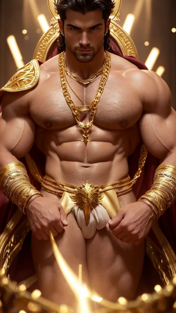 A muscular handsome man is in a darkest place, he wears a white cloth layer on shoulders and back, under which you can see his extremely muscular body, perfect body, large chest, largest pectorals, big nipples, well-defined abs, golden shiny skin, the emphasis is on the male body. Sexy gaze, looking at the viewers romantically, sexy posture, above his head is a golden halo, he is bathed in golden sacred light, (a gold crown on his head, his body is chained with gold chains, gold finger rings), (A Voluptuous golden brief with a band of gold with sparkling gemstones). He has short black hair. This scene looks like something out of the realm of fantasy or legend seen from above,