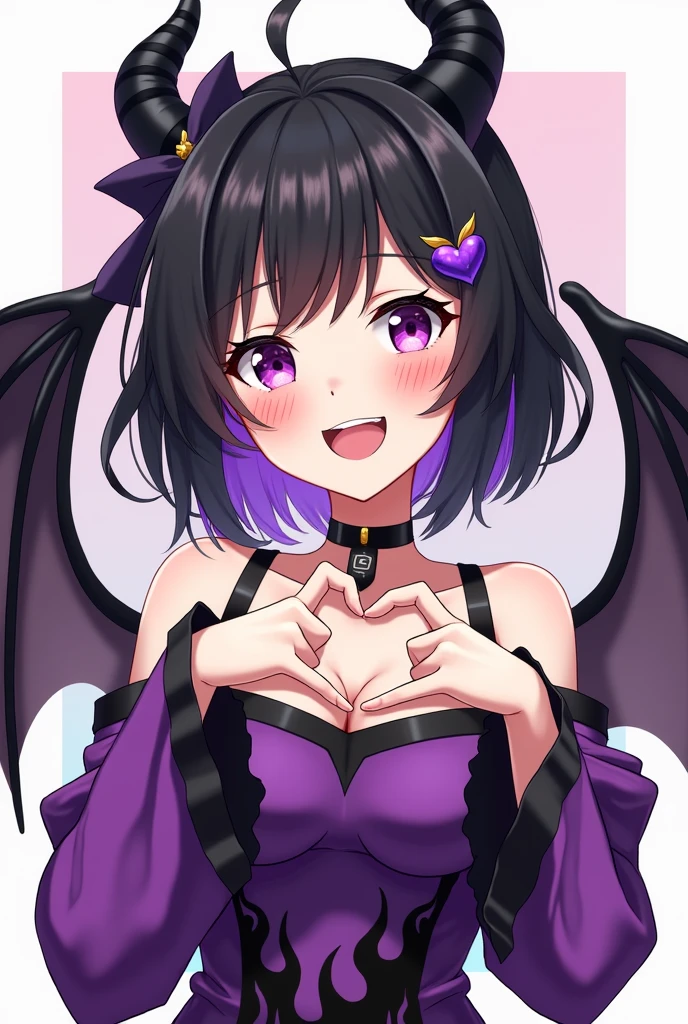 Anime style animated character is a woman with short black hair on top and purple hair below, She has black horns and a big bow in her black hair., Her face is pretty and with purple eyes, Her skin is white, She is wearing a purple top with black flames of fire, has black bat wings, She is smiling and making a Korean heart with her left hand..
