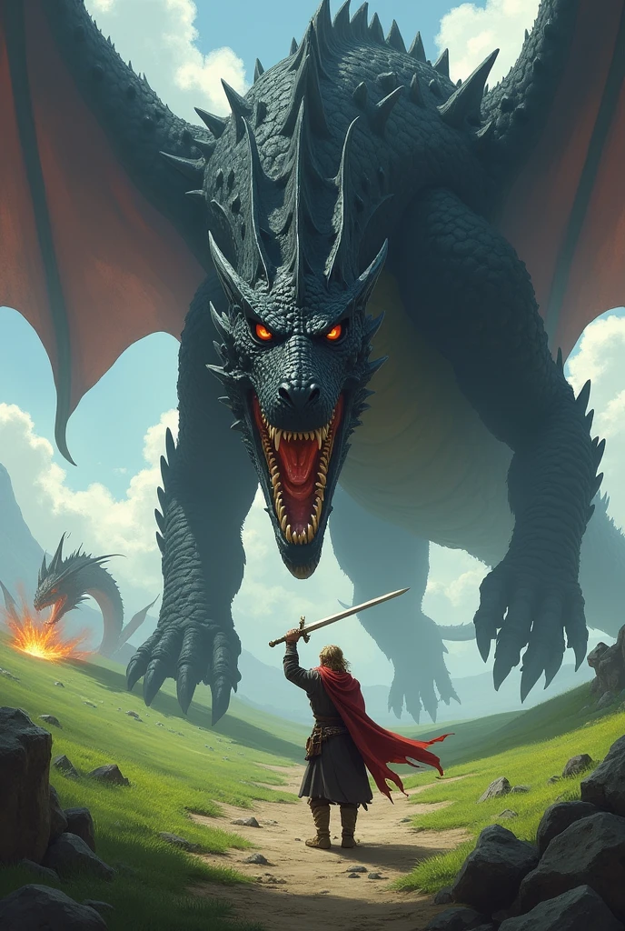 a strong, serious-looking man, silver eyes and medium light brown hair, fighting a powerful and giant black dragon. the man is wielding a sword of blinding light. The landscape is of green fields in the background. the dragon breathes fire. Other dragons fight in the background against elves and men.