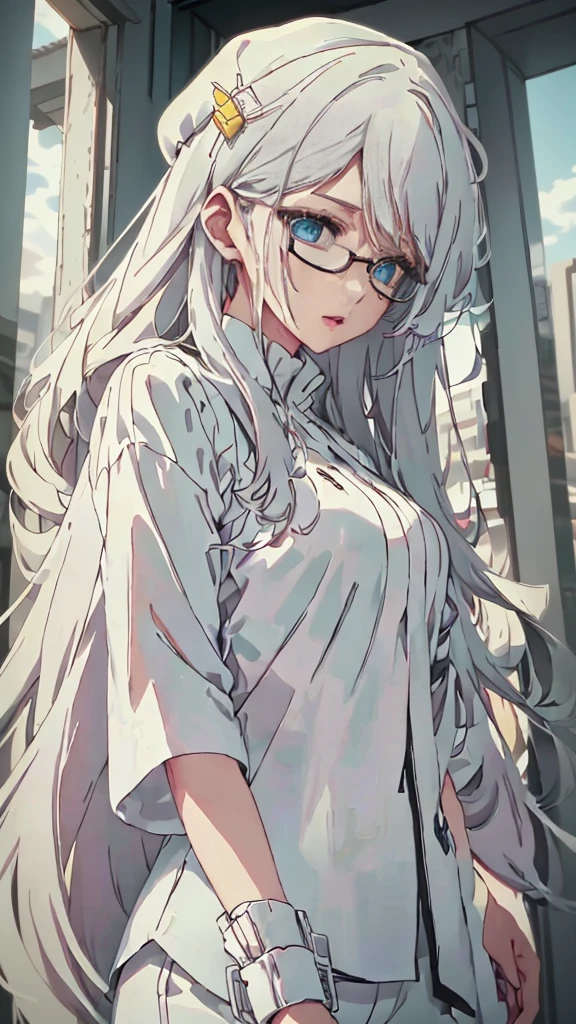 anime style , Hana Hikaru, 1 girl, bee, abundant white hair, long bangs,  two white horns on the head, ((He has big circular glasses)), white beret on head, bandages on the arms and bandages on the forehead, sky blue eyes, She is wearing a grey top and black shorts, black sneakers with slats, serious and worried look