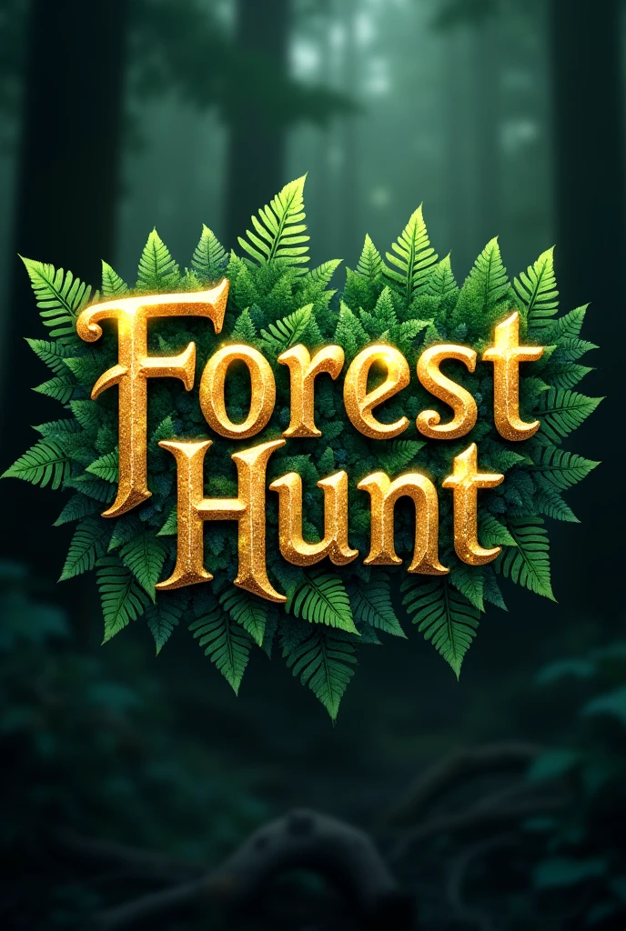 Create logo with the word Forest Hunt in a mystic & fantasy style with glitter flying around. Font should be elegant sharp golden and beautiful with enchanted vibe with ferns sprouting from behind the text