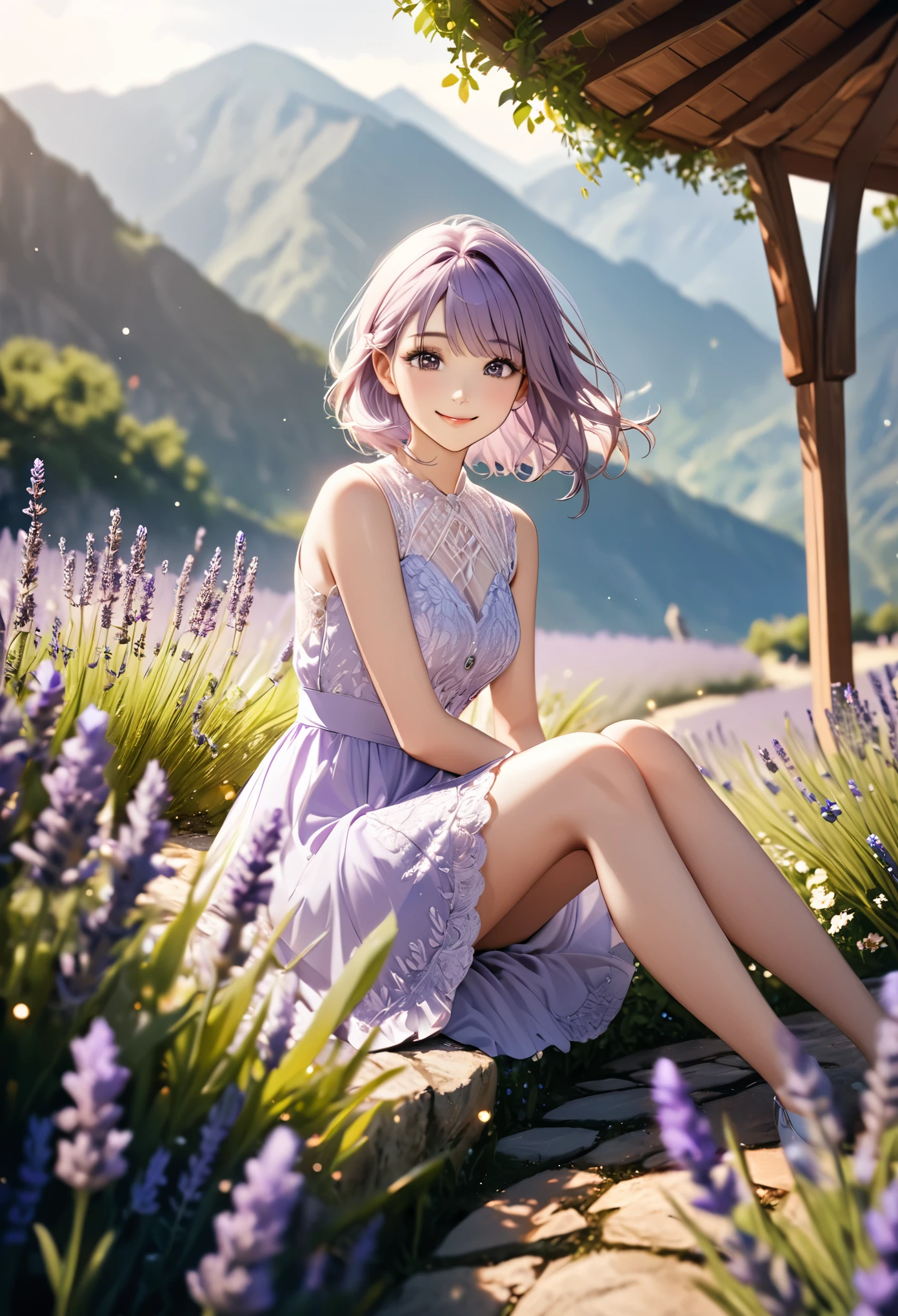 1girl,lavender,white short dress,lace dress,smile,flower garden,full body,sitting,mountains in the distance,light particles,(Depth of field,cinematic angle,cinematic lighting:1.2),blurry background,blurry foreground,(masterpiece:1.2),(best quality:1.2),(very aesthetic:1.2),(absurdres:1.2),(detailed background),newest,intricate details
