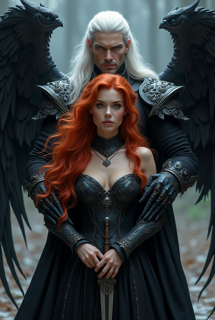 Create a beautiful red-haired woman with blue eyes who is holding daggers in both hands and behind her is a handsome prince of hell., attractive and intimidating with black wings, armor and long white hair with lilac eyes that is hugging her  