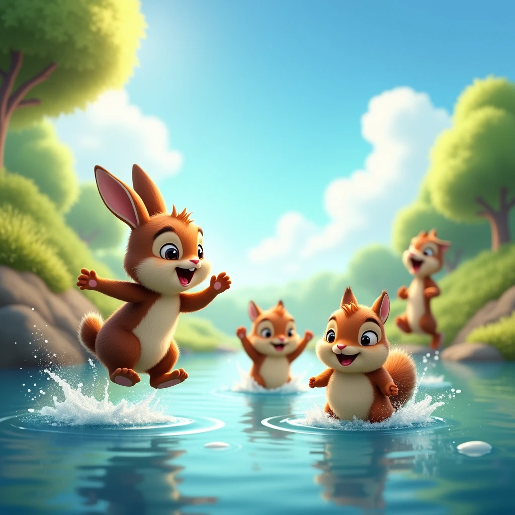 sunny day with blue sky, brown bunny, squirrel and duck jump in the lake with a joyful splash
