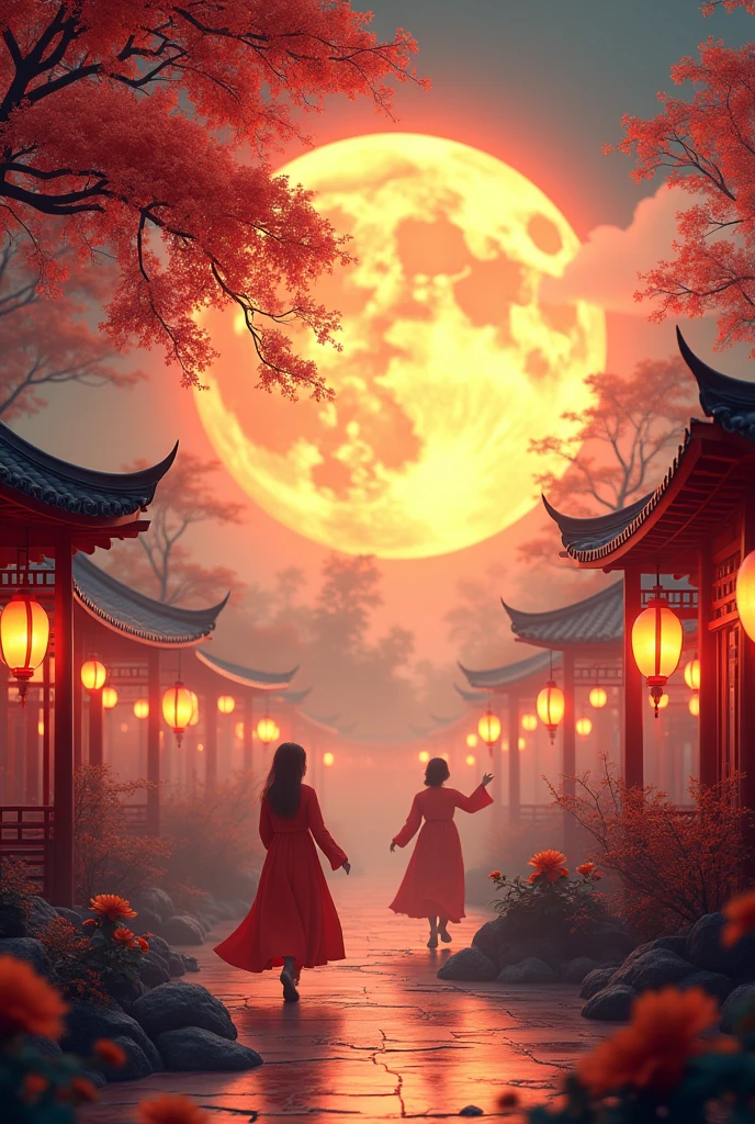 Style vietnamien, fête de la mi-automne, effets visuels surréalistes avec un haut niveau de détail, point, vue lointain, super fin, super détaillé, haute qualité, rendu 8k oc, angle de vue dynamique, panoramique.